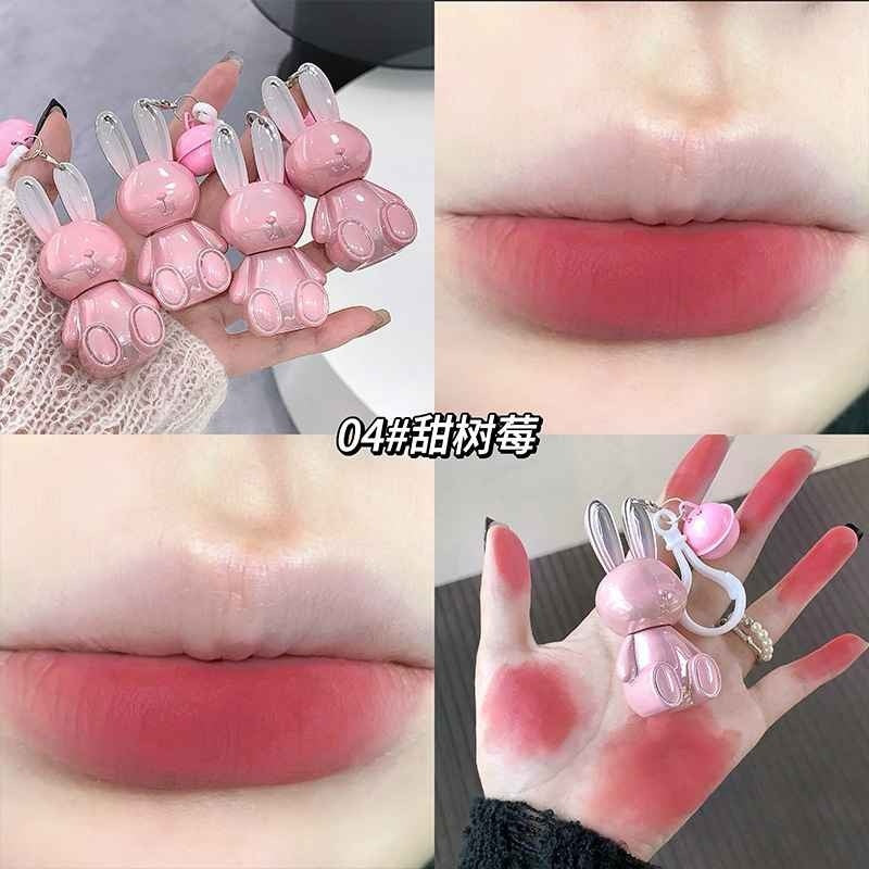 Collage of pink lip gloss with bunny design, applied on lips and hand.