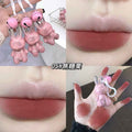 Collage of pink lip gloss with rabbit design, applied on lips and hand.