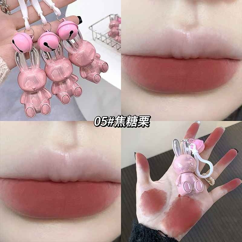 Collage of pink lip gloss with rabbit design, applied on lips and hand.