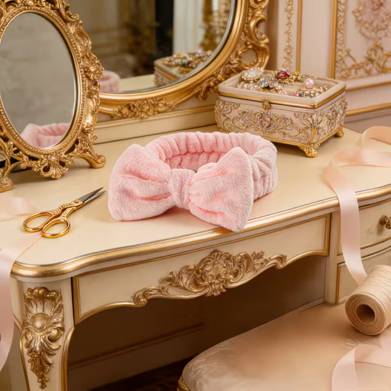 a pink headband on a luxury vanity table showing class with props like ribbon and sissors 