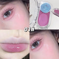 matte pink blush and blue shimmer highlighter with close-up of eye and lips, showing color application.