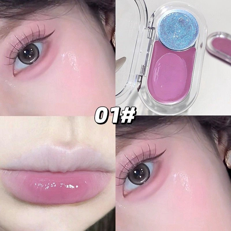 matte pink blush and blue shimmer highlighter with close-up of eye and lips, showing color application.