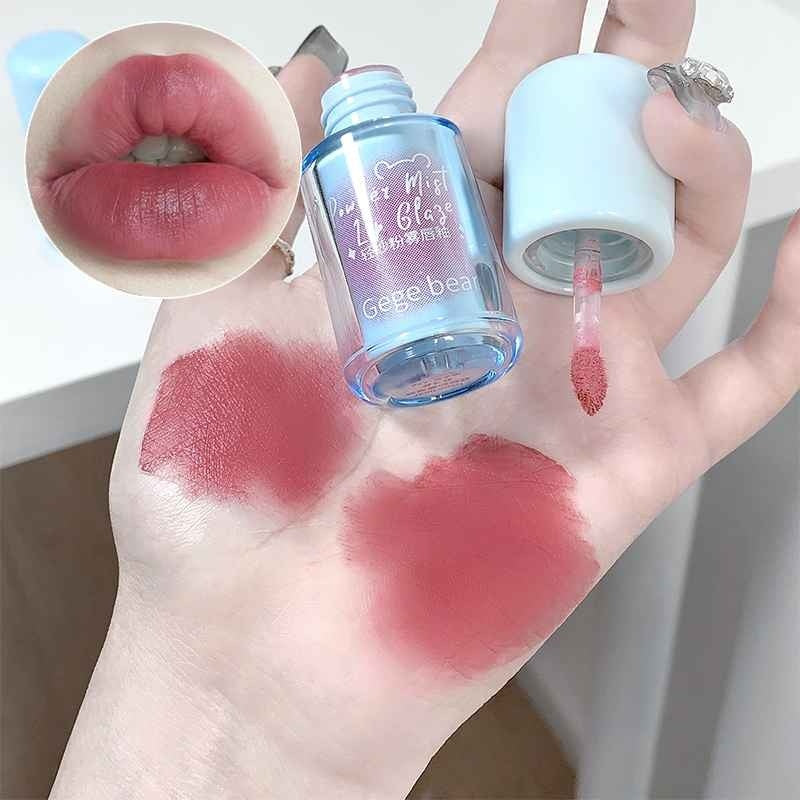 Lip gloss bottle with pink shade on hand and close-up of lips