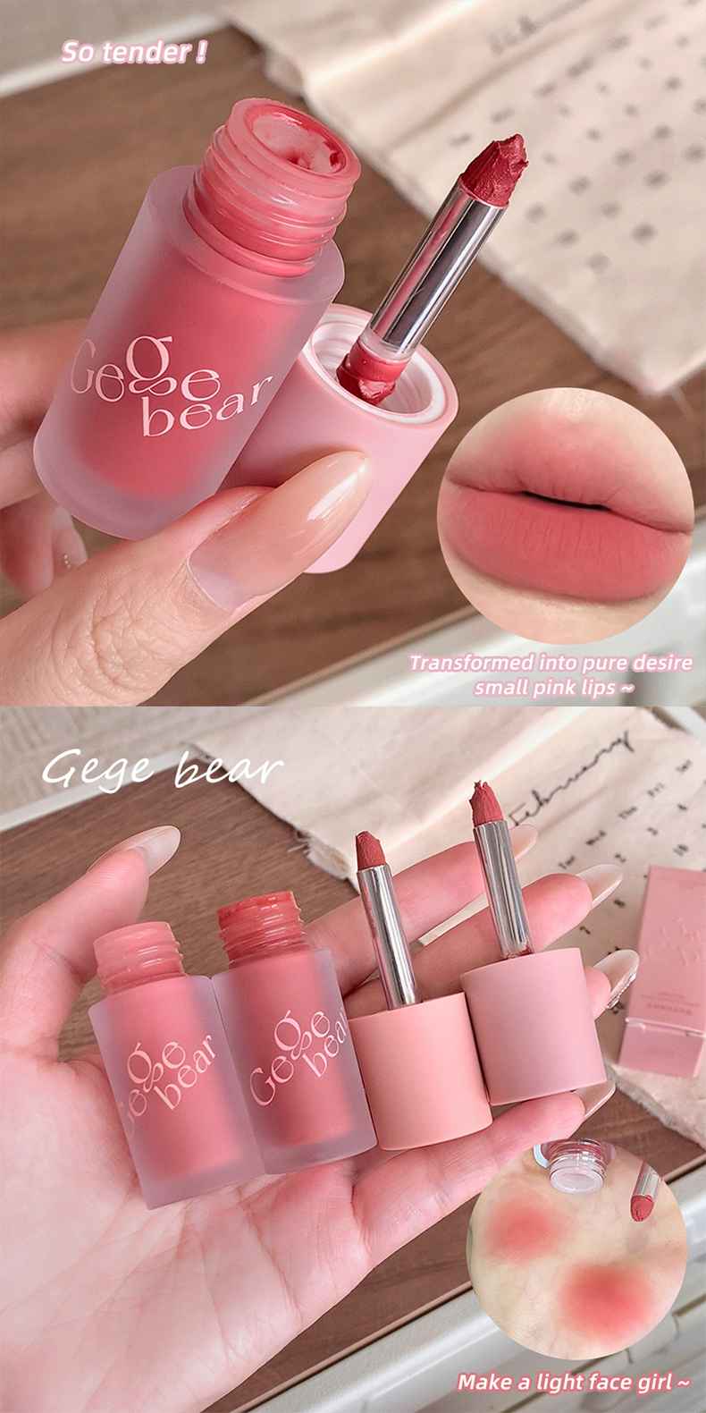 Pink liquid blushes with 'Gege Bear' branding, held in a hand.