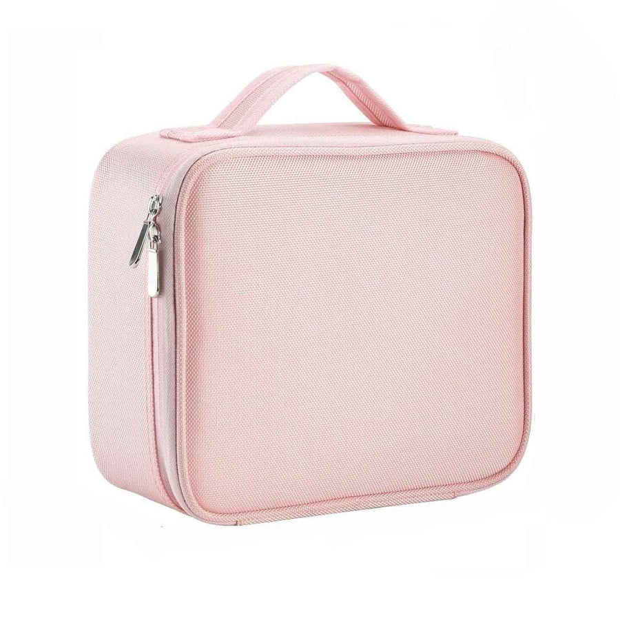 Pink makeup bag with a handle on a white background