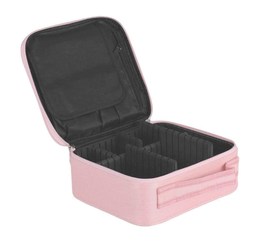 Pink jmakeup case with black interior on a white background