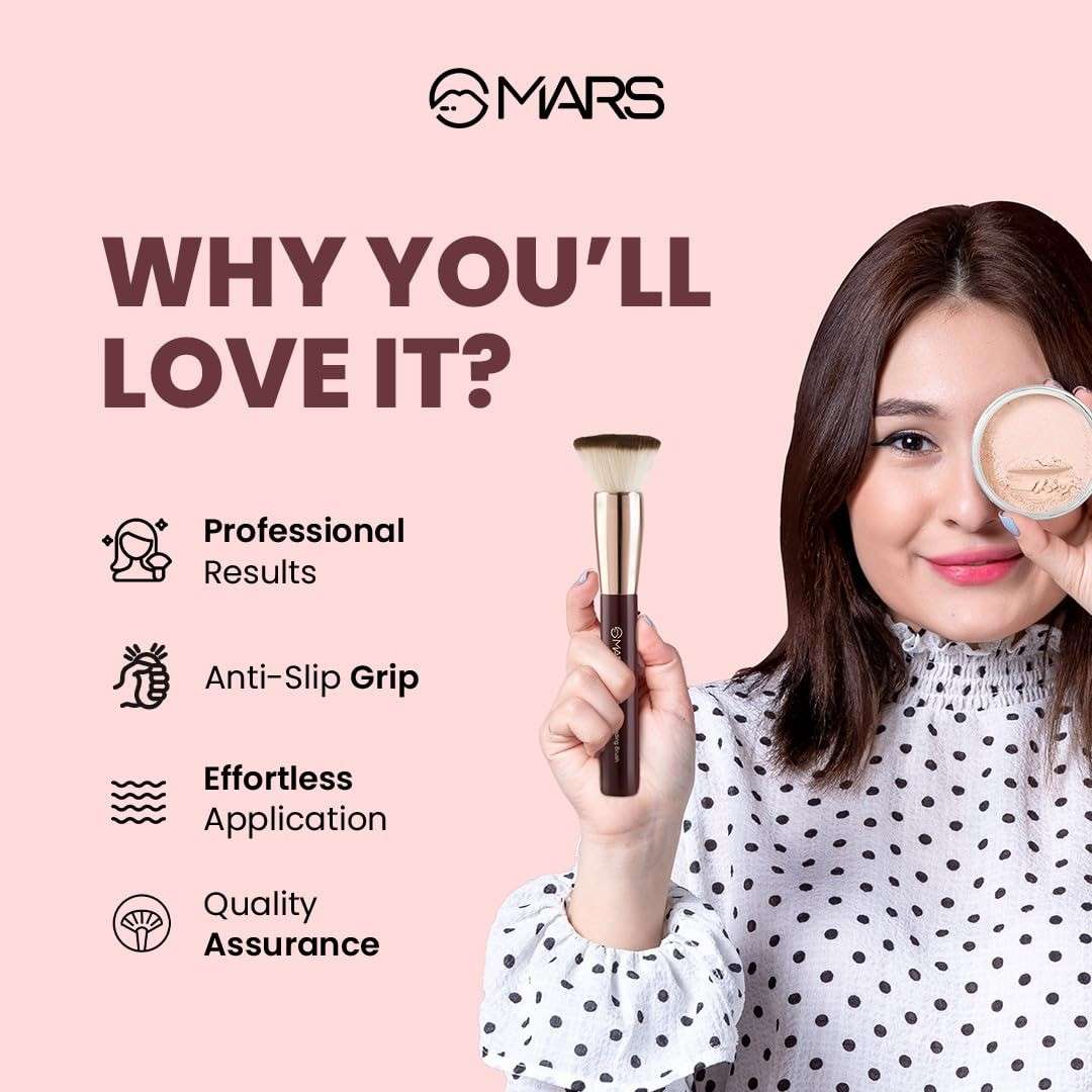 Woman holding a makeup brush and compact with MARS branding on a pink background