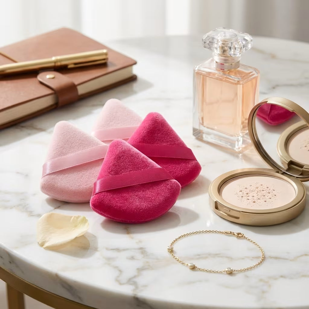 four baby pinka and hot setting powder sponge on a table with props