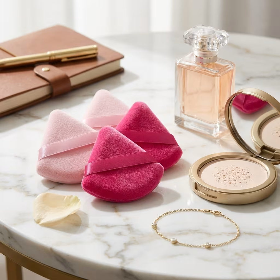 four baby pinka and hot setting powder sponge on a table with props