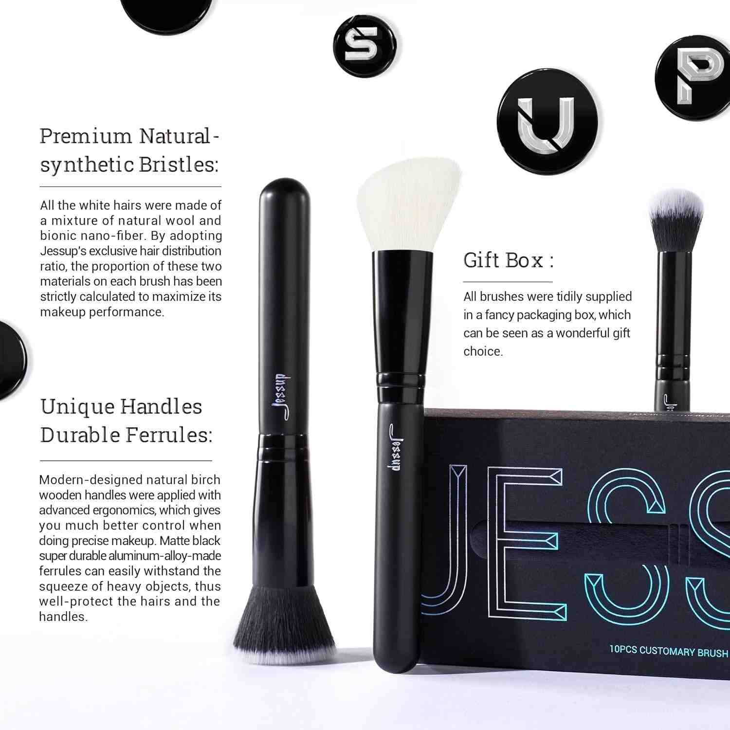 Makeup brushes with Jesup branding on a white background