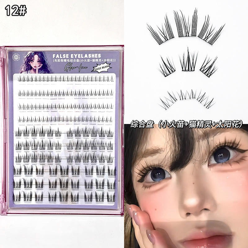 False eyelashes with packaging and a close-up of an eye wearing the lashes.