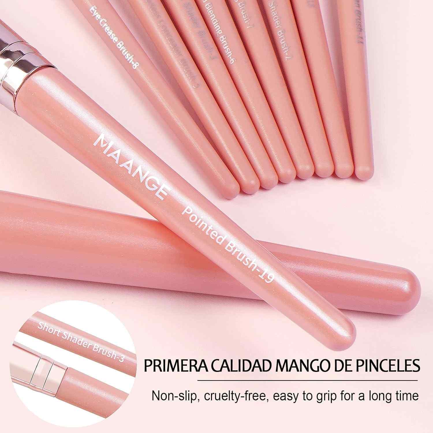 Set of pink makeup brushes with 'MAANGE' branding on a light pink background.