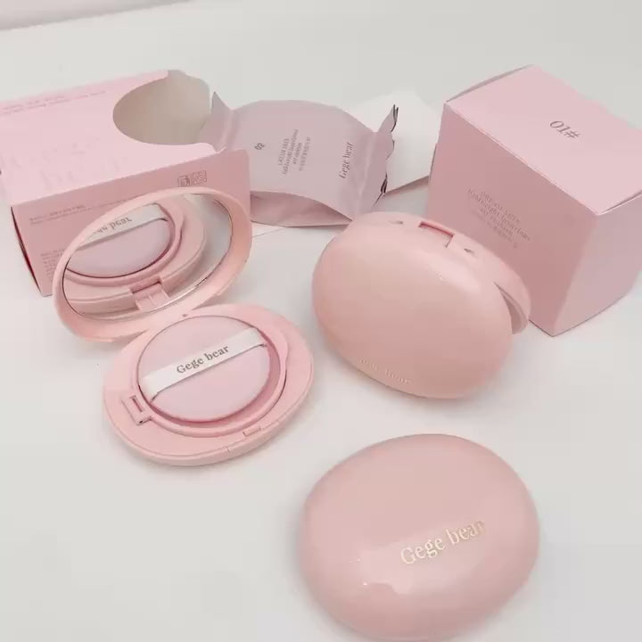 GEGE BEAR Lightweight Air Cushion BB Cream with Built-In Concealer – Breathable, Strong Coverage, Refillable Pink Compact, Korean/Japanese Style Foundation for All Skin Types