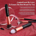 Makeup brushes with black and rose gold handles on a red background, featuring text about brush quality.