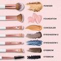 Makeup brushes and swatches of powder, foundation, concealer, and eyeshadows on a pink background.