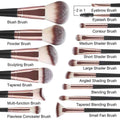 Collection of makeup brushes with labels on a white background