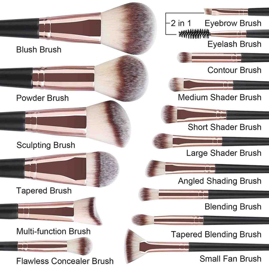 Collection of makeup brushes with labels on a white background