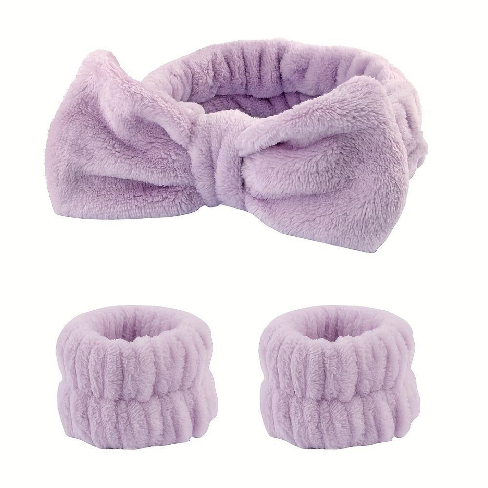 Set of lavender plush headband and two wristbands on a white background