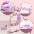 set of purple headband and wristbands hanging on a hander and collage image showing various features of hadbeands like flexibility, water absorb capacity and elasticity 