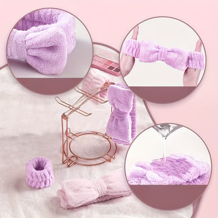 set of purple headband and wristbands hanging on a hander and collage image showing various features of hadbeands like flexibility, water absorb capacity and elasticity 