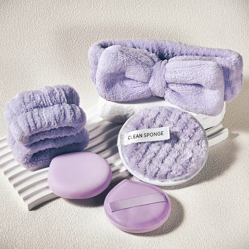 purple makeup blenders with cleaning sponge headband wristbands for spa on a white tray 