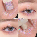 collage of image showing pink pigmented gege bear liquid shimmer eyeshadow, pigmentation is shown in a lady's eyes and palm area 