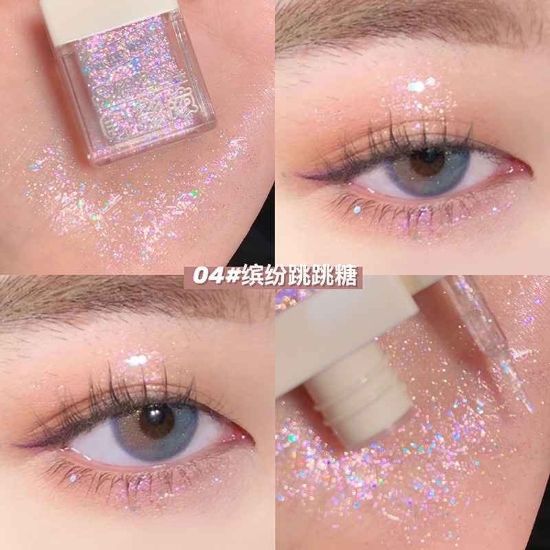 collage of image showing pink pigmented gege bear liquid shimmer eyeshadow, pigmentation is shown in a lady's eyes and palm area 
