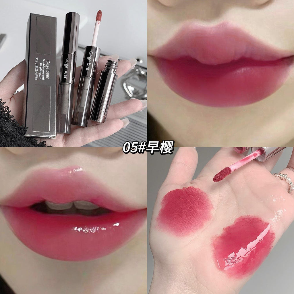 Collage of lipsticks, close-up of lips with lipstick, and lipstick swatches on skin.