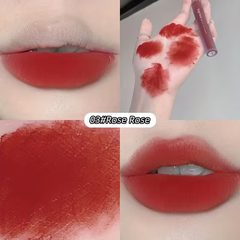 Lipstick swatch on lips, hand, and close-up with '03# Rose Rose' label.
