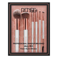 Set of makeup brushes with 'Renee' branding on a pink background
