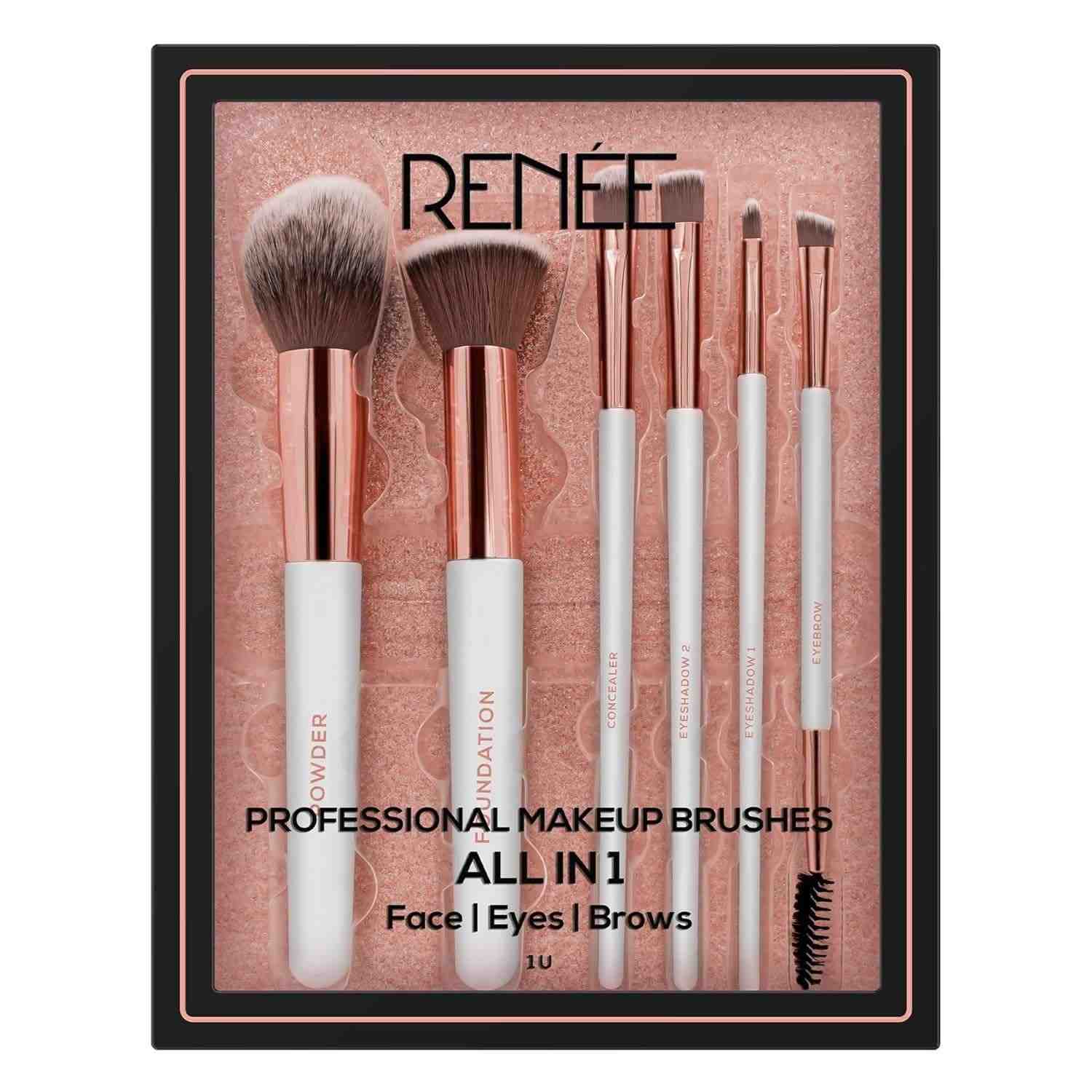 Set of makeup brushes with 'Renee' branding on a pink background