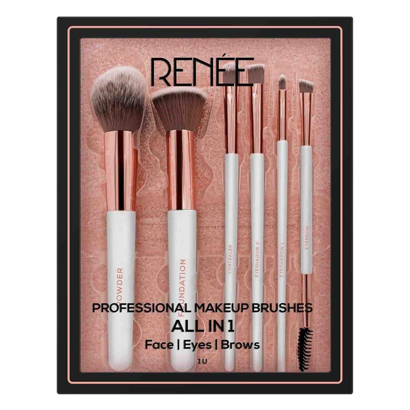 Set of makeup brushes with 'Renee' branding on a pink background