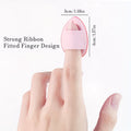 baby pink finger puff on a index finger showing height and width and description on the right side on a white background 