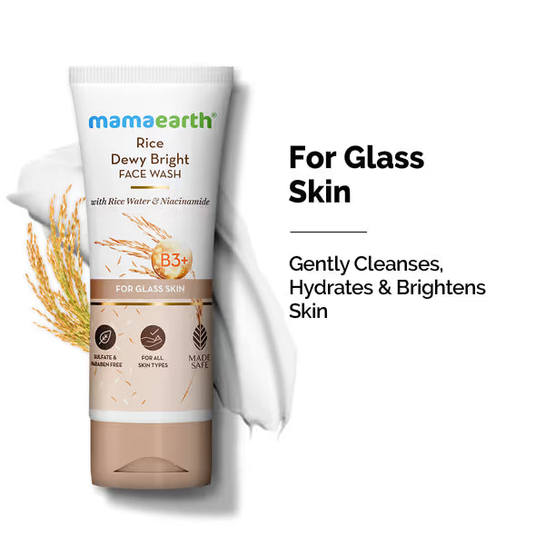 Mamaearth Rice Dewy Bright Face Wash with packaging details on a white background