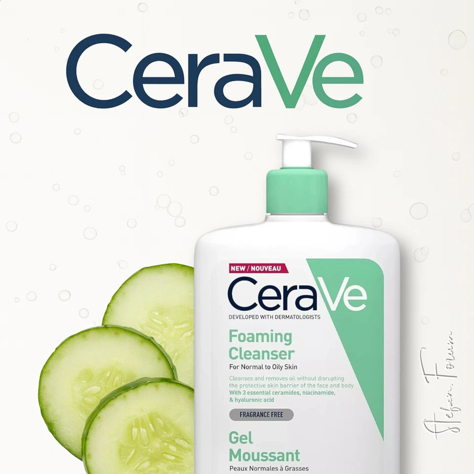 CeraVe Foaming Facial Cleanser bottle for normal to oily skin, featuring a gel-to-foam formula with ceramides, niacinamide, and hyaluronic acid to cleanse without disrupting the skin’s moisture barrier”

“Packaging of CeraVe Foaming Facial Cleanser showing dermatologist-developed formula that removes excess oil and impurities while maintaining the skin’s protective barrier”