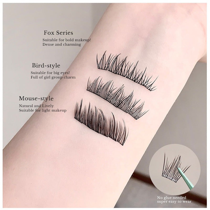 set of 3 different eyelashes attached on a arm showing strenght of the glue simulating the stickiness 