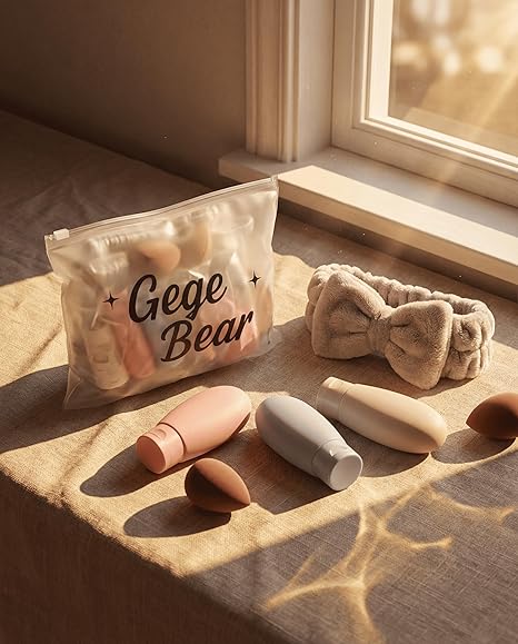 set of beauty blender by the sunny window along with headband and makeup tubes