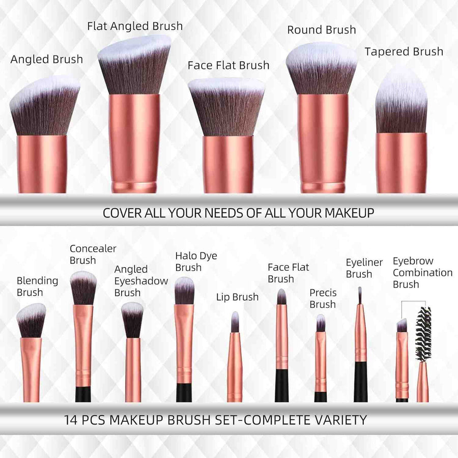 14-piece makeup brush set with various types of brushes on a white background.