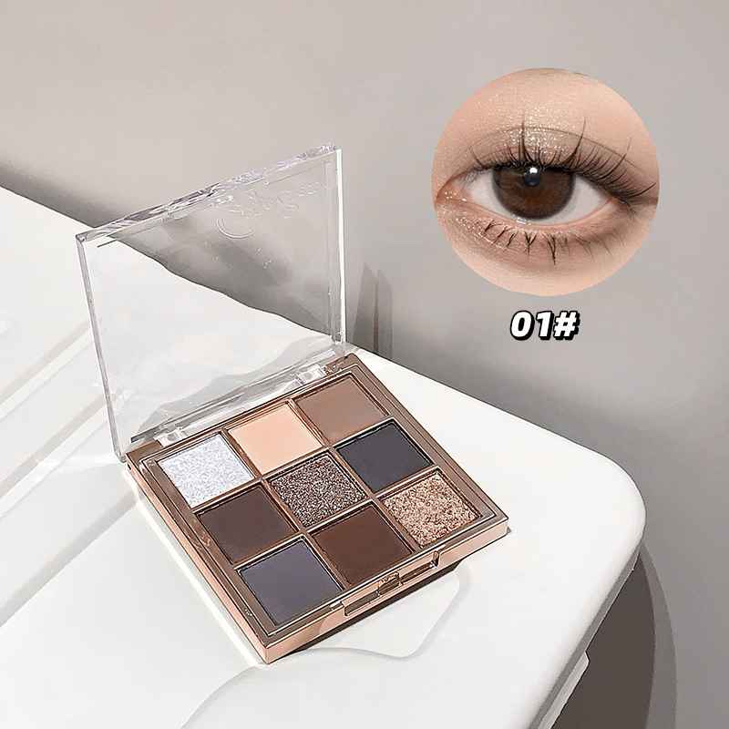Makeup glitter eyeshadow palette with a close-up of an eye wearing the shade '01#' on a neutral background.