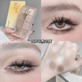 nude brown eyeshadow palette of 8 colors a collage image showing the faint pigmentation and shimmer being applied on the hands and eyes area 