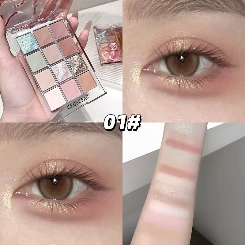 professional eyeshadow palette shade 1 collage of images showing detail of pigmenation and shimmer effect after being applied 