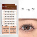 Eyelash packaging with application instructions and a close-up of an eye wearing false eyelashes.