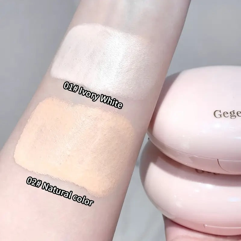 Cosmetic foundation with two color swatches labeled '01# Ivory White' and '02# Natural color' on a person's arm, with the brand 'Gege Bear' visible.