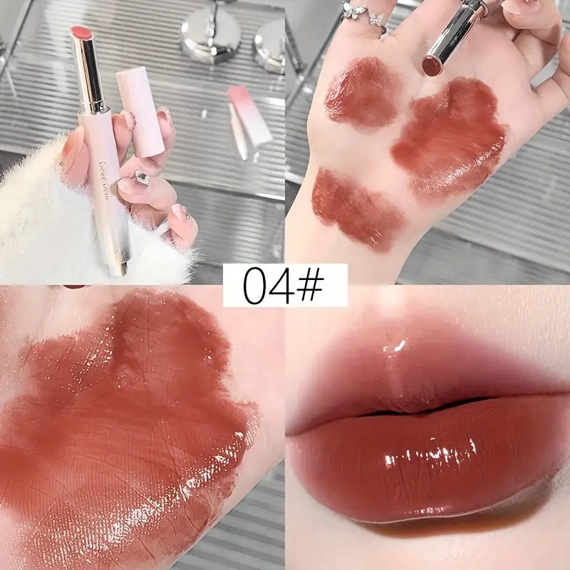 Lipstick swatches on a hand and close-up of lips with a lipstick applicator.
