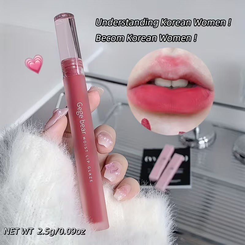 Lipstick with a close-up of lips wearing the product, set against a blurred background.