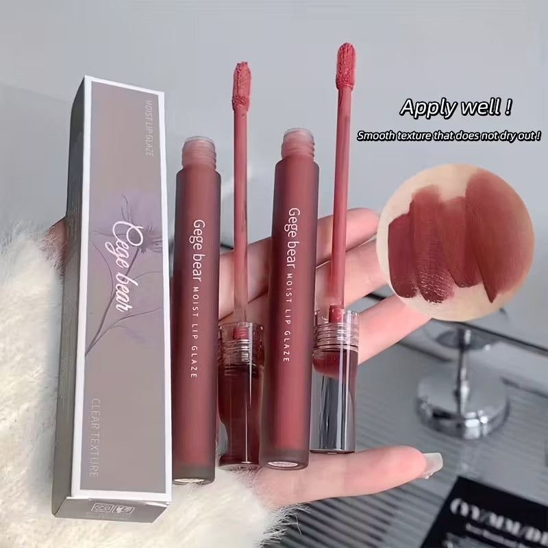 Gege bear  lipstick with packaging and swatch on a gray background