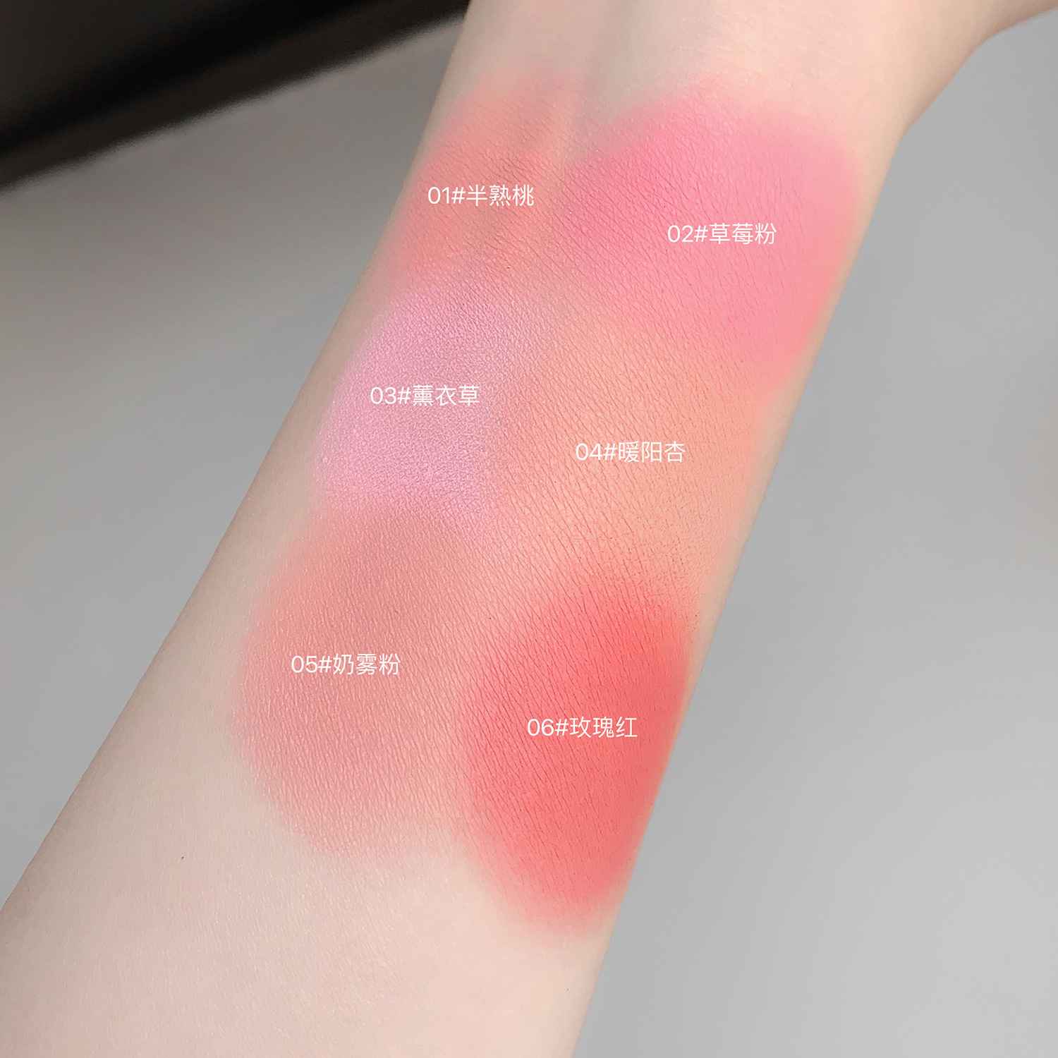 Color swatches of blush on a person's arm with labeled shades.