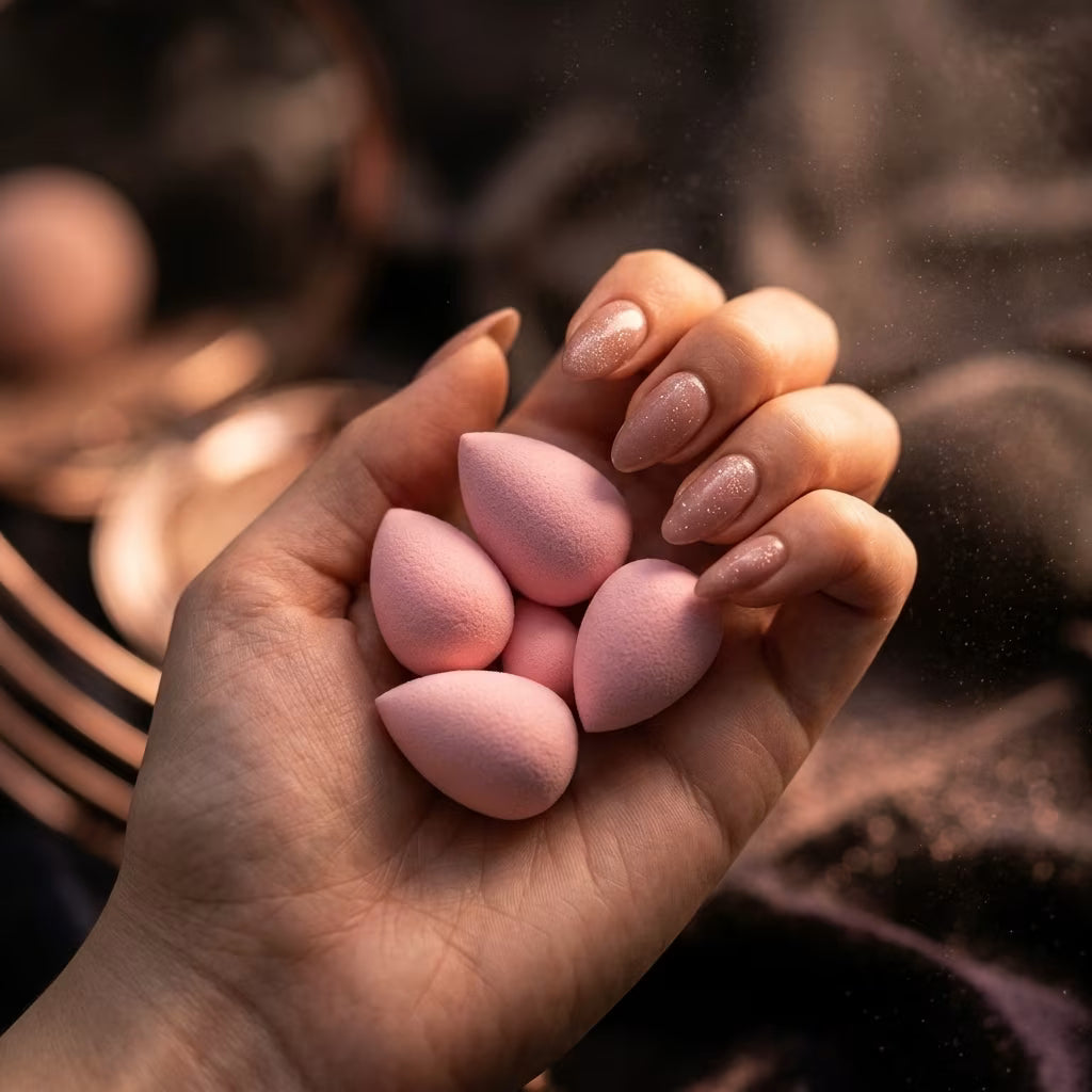 handing holding five baby pink mini beauty sponges against blurry background 