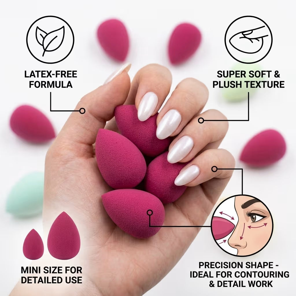 Hand holding pink mini makeup sponges with features highlighted on a white background