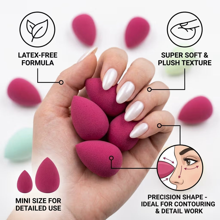 Hand holding pink mini makeup sponges with features highlighted on a white background